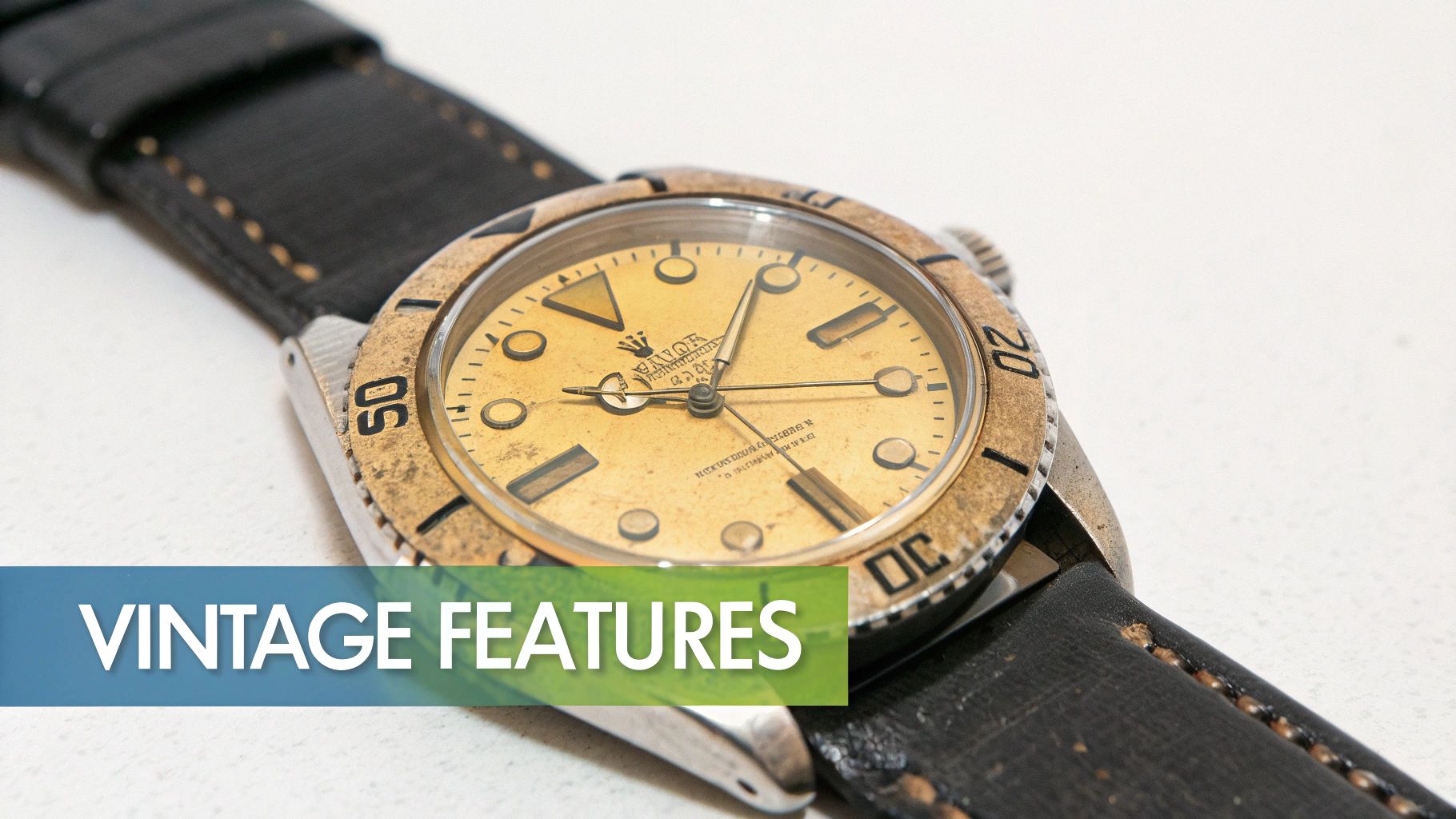 Close-up of a vintage gold-dialed dive watch with a worn bezel and black strap.