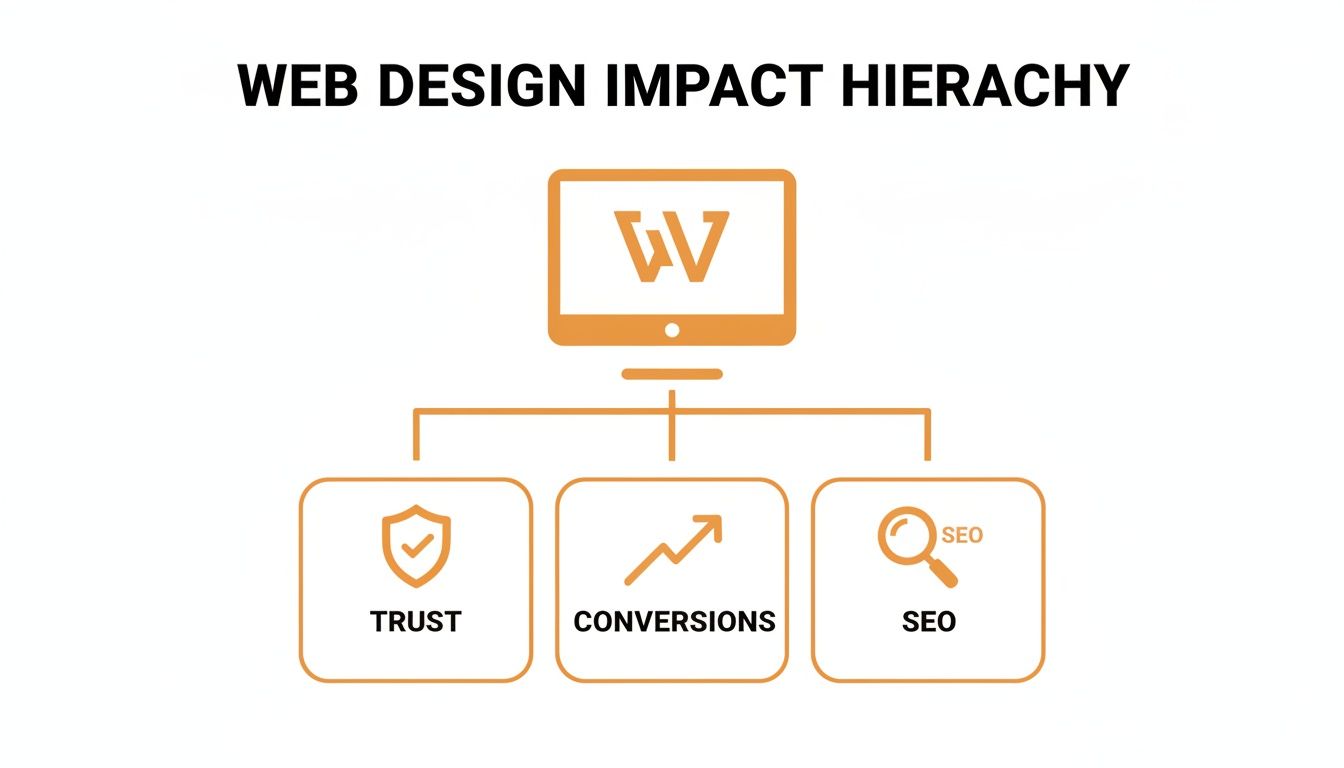 Hierarchy diagram illustrating how good web design leads to increased trust, conversions, and improved SEO.