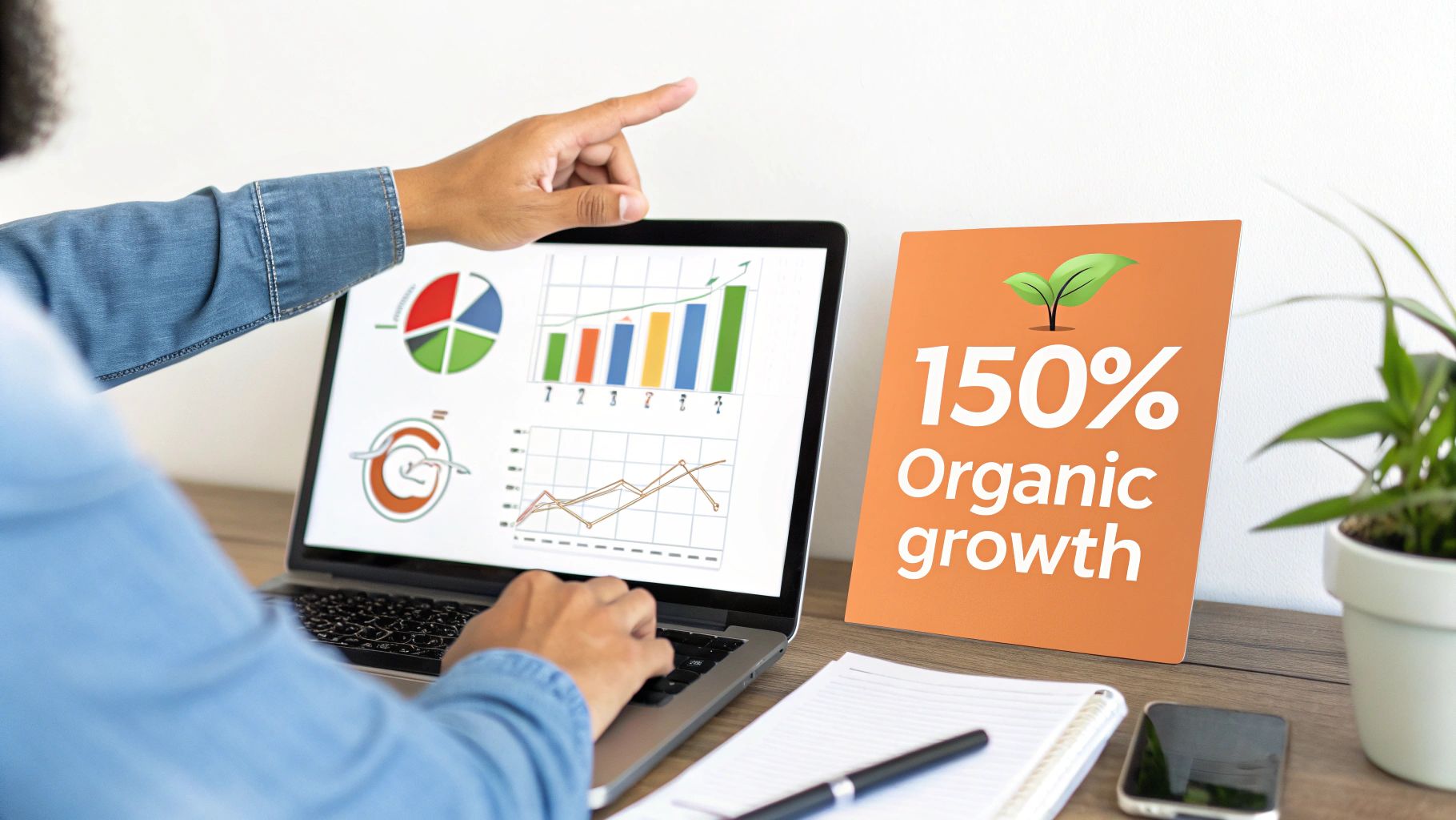 Person analyzing business data on a laptop, pointing at charts, next to a sign showing 150% organic growth.