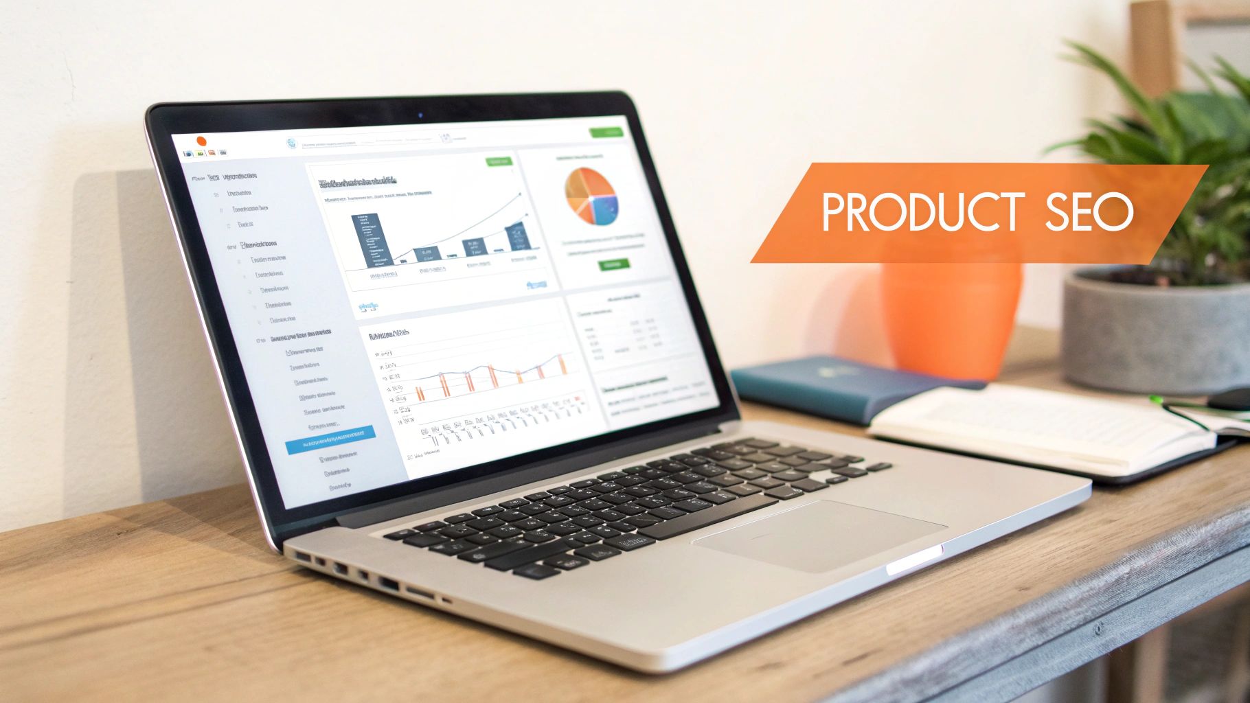 A laptop displaying data and charts for SEO analysis, with a prominent 'PRODUCT SEO' banner.