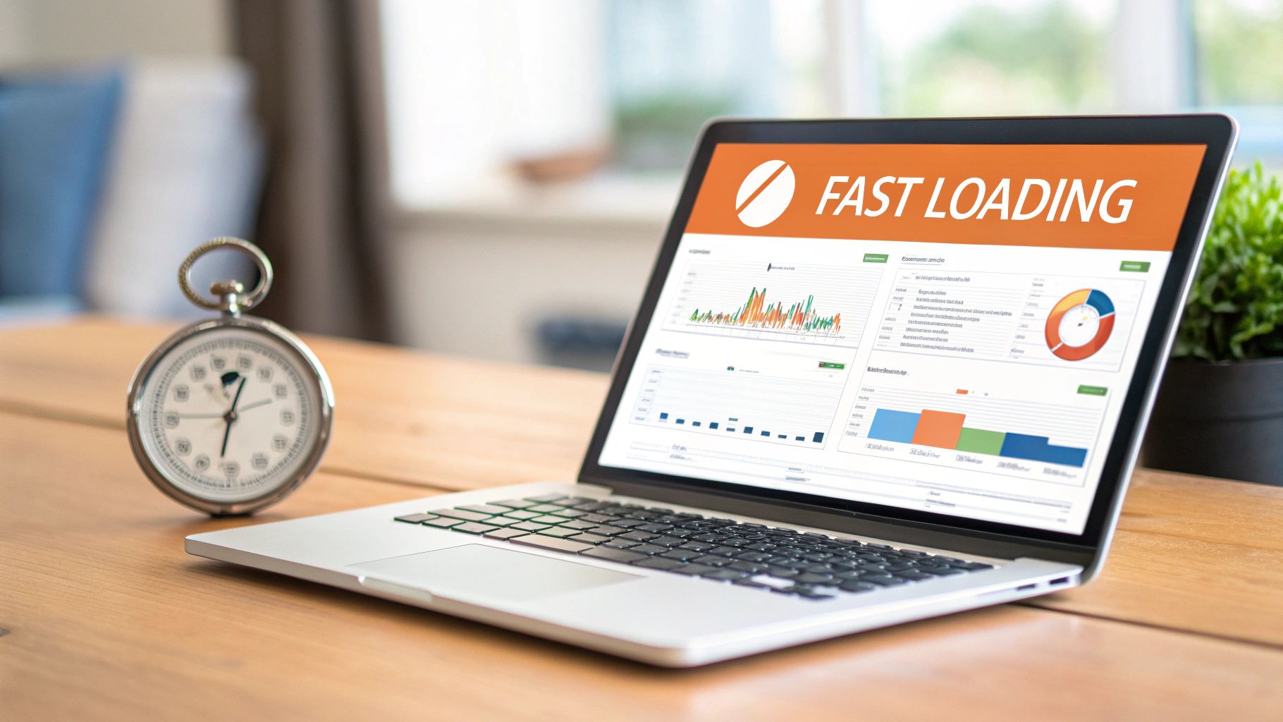 Laptop screen shows 'FAST LOADING' with performance graphs, beside a stopwatch on a wooden table.
