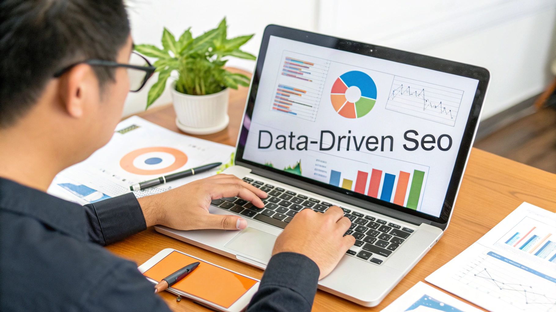 Person typing on a laptop displaying 'Data-Driven Seo' with charts and graphs, surrounded by business papers.