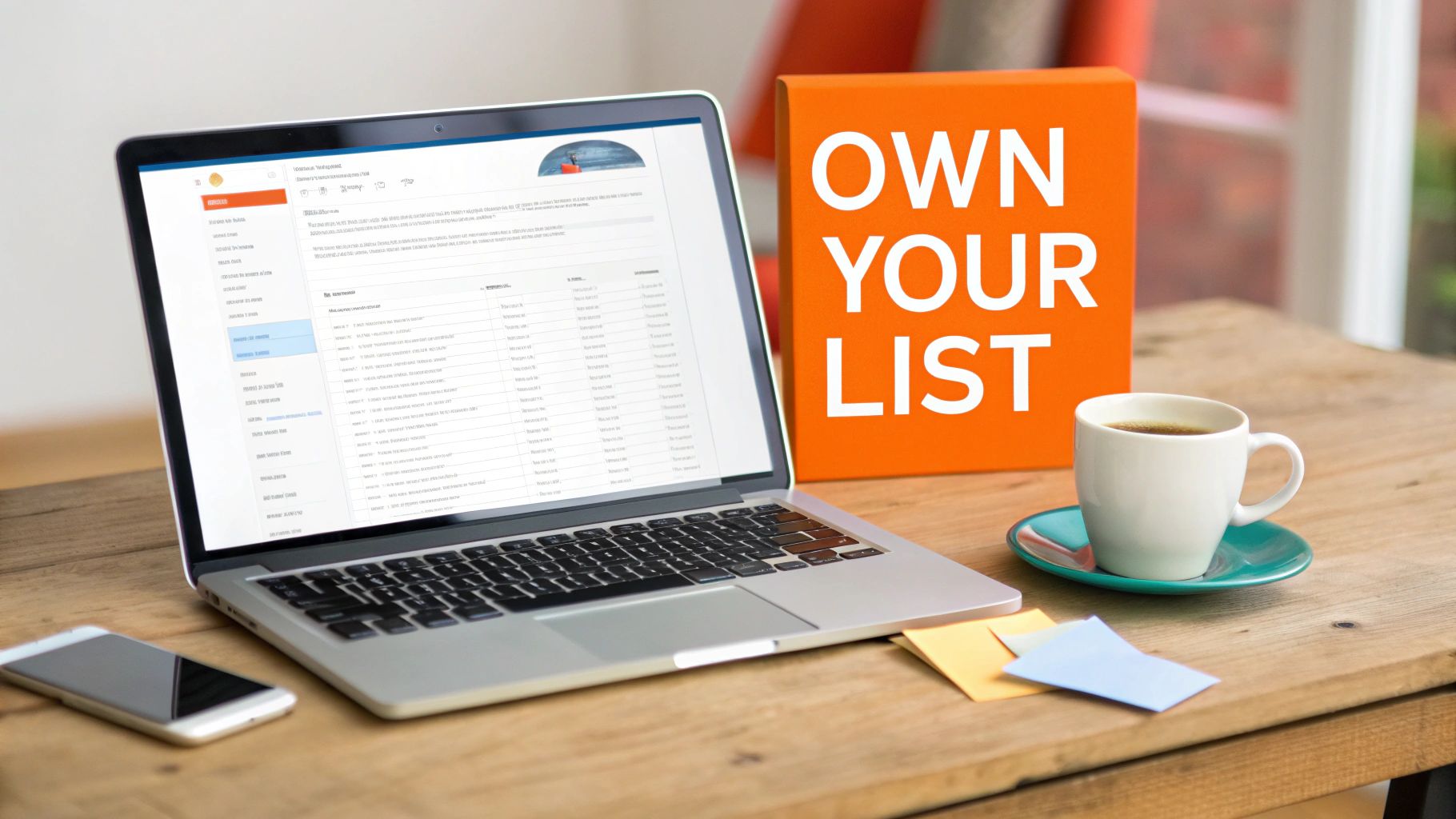 A laptop displaying an email list interface, an 'OWN YOUR LIST' book, coffee, and phone on a wooden desk.