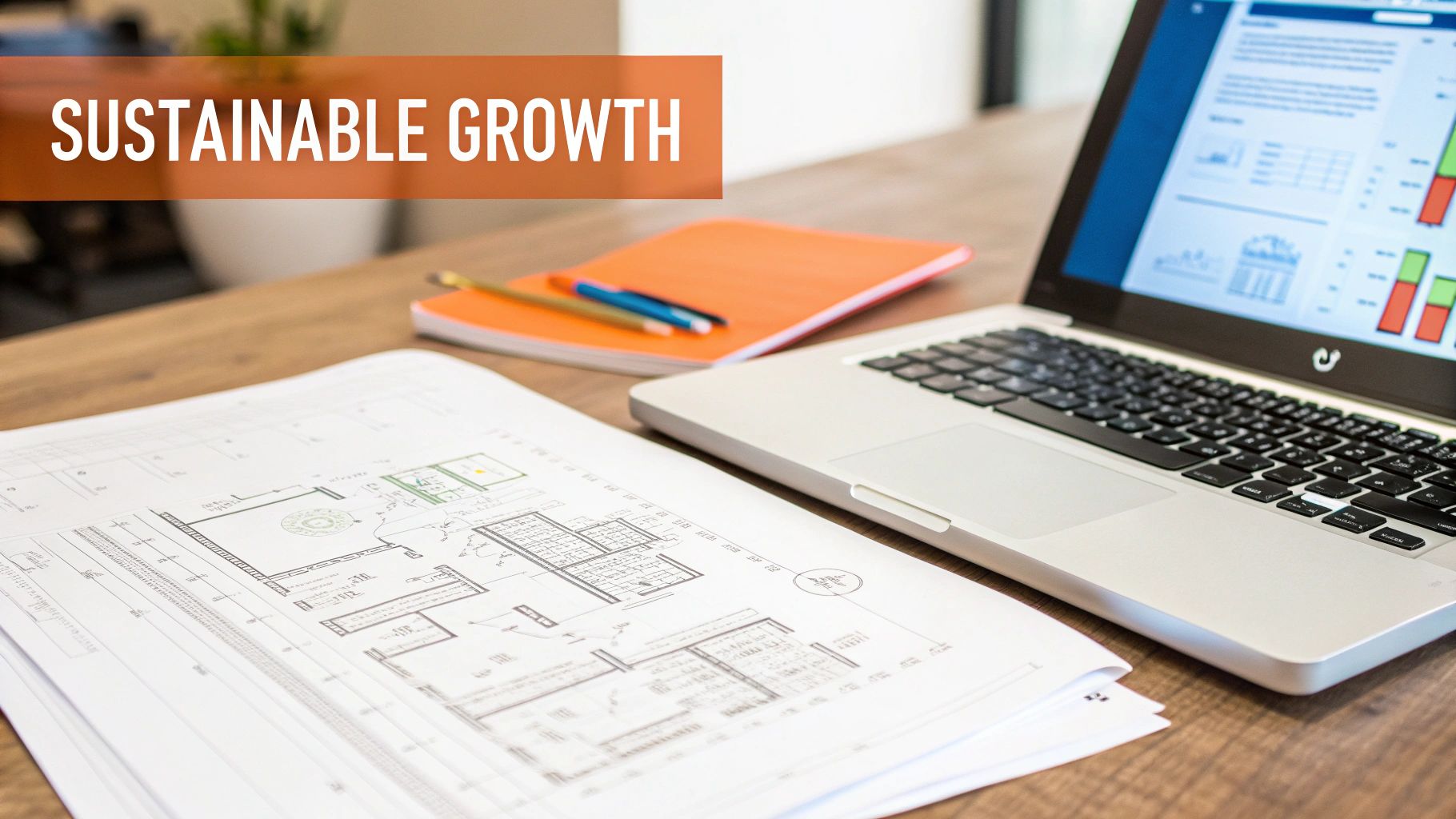 Desk with laptop displaying charts, blueprints, and 'Sustainable Growth' text, symbolizing strategic planning.