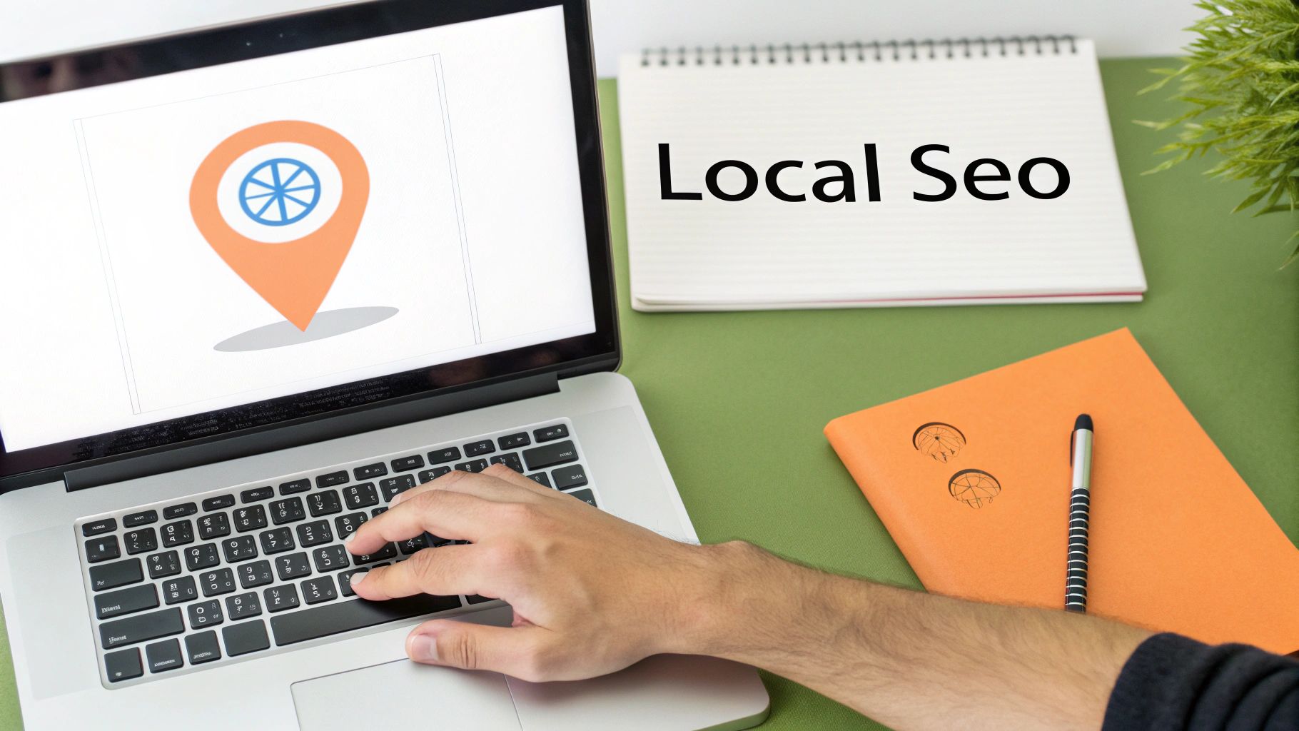 A person types on a laptop showing a location pin icon, with a notebook titled "Local Seo" nearby on a green desk.