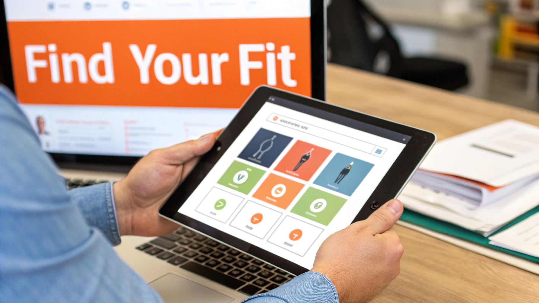 Person using a tablet displaying a fitting app with body type icons, while a computer screen shows 'Find Your Fit'.