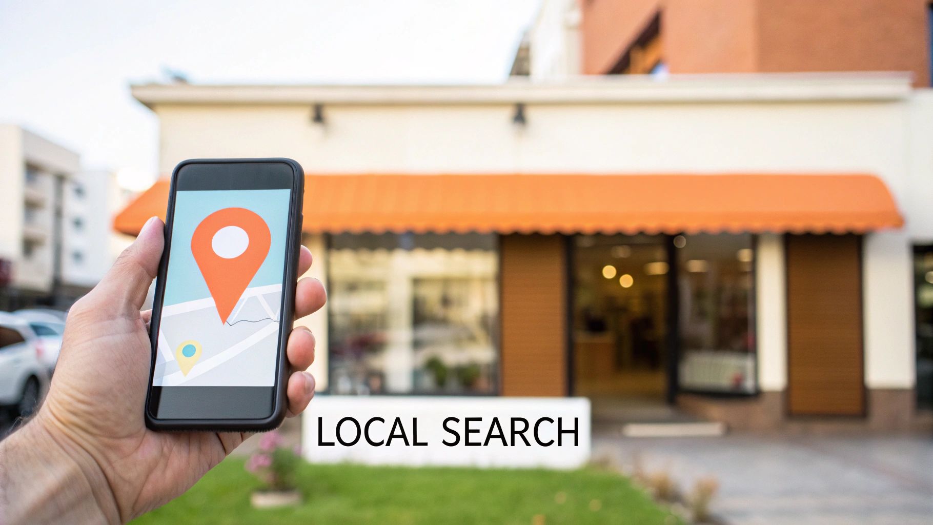Hand holding a smartphone displaying a map app with a location pin, representing local business search.