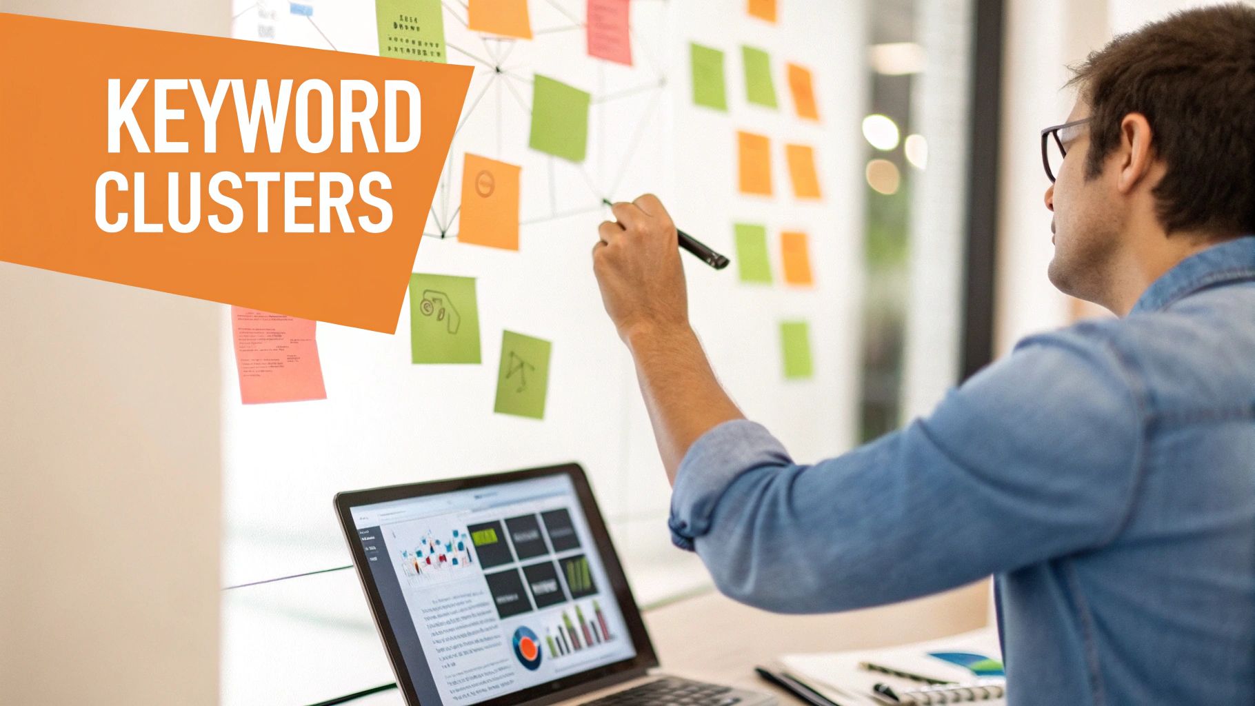 A man in a denim shirt writes on a whiteboard with sticky notes, planning keyword clusters.