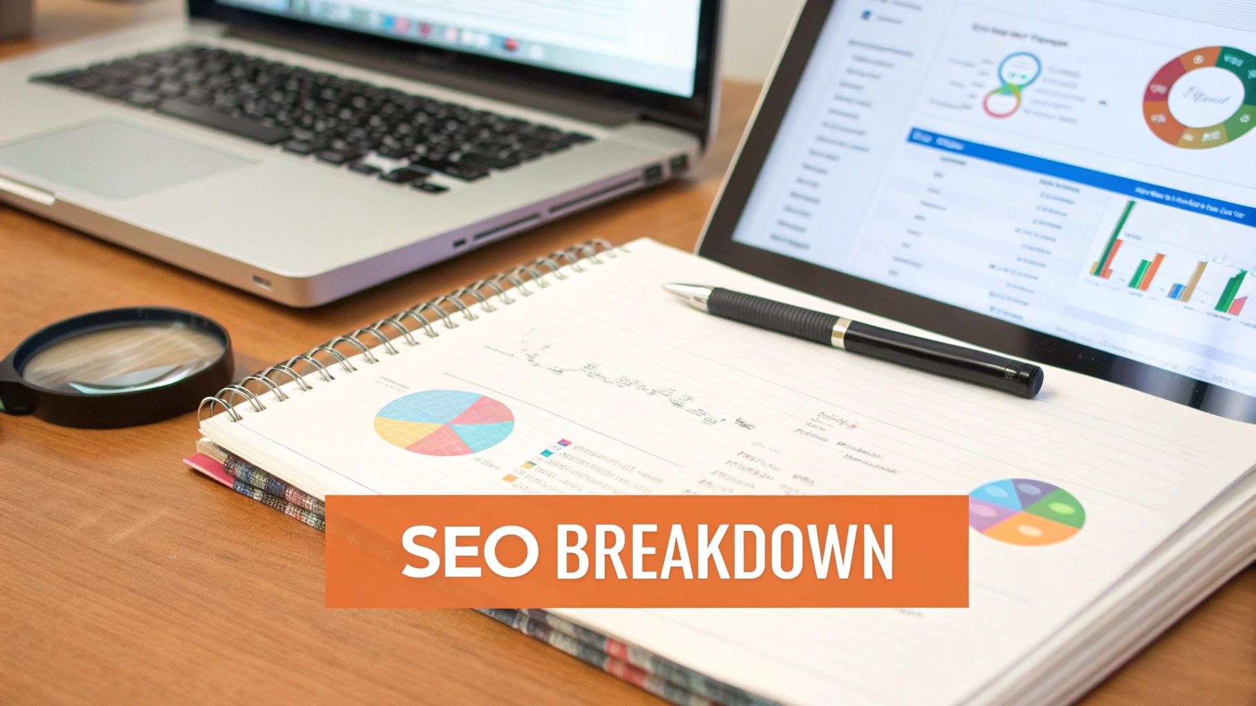 A desk with laptop, tablet displaying SEO analytics, notebook with graphs, pen, and magnifying glass, labeled 'SEO Breakdown'.