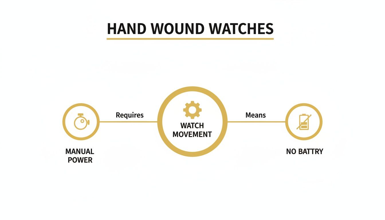 Diagram illustrating hand-wound watches: manual power is required for watch movement, meaning no battery.