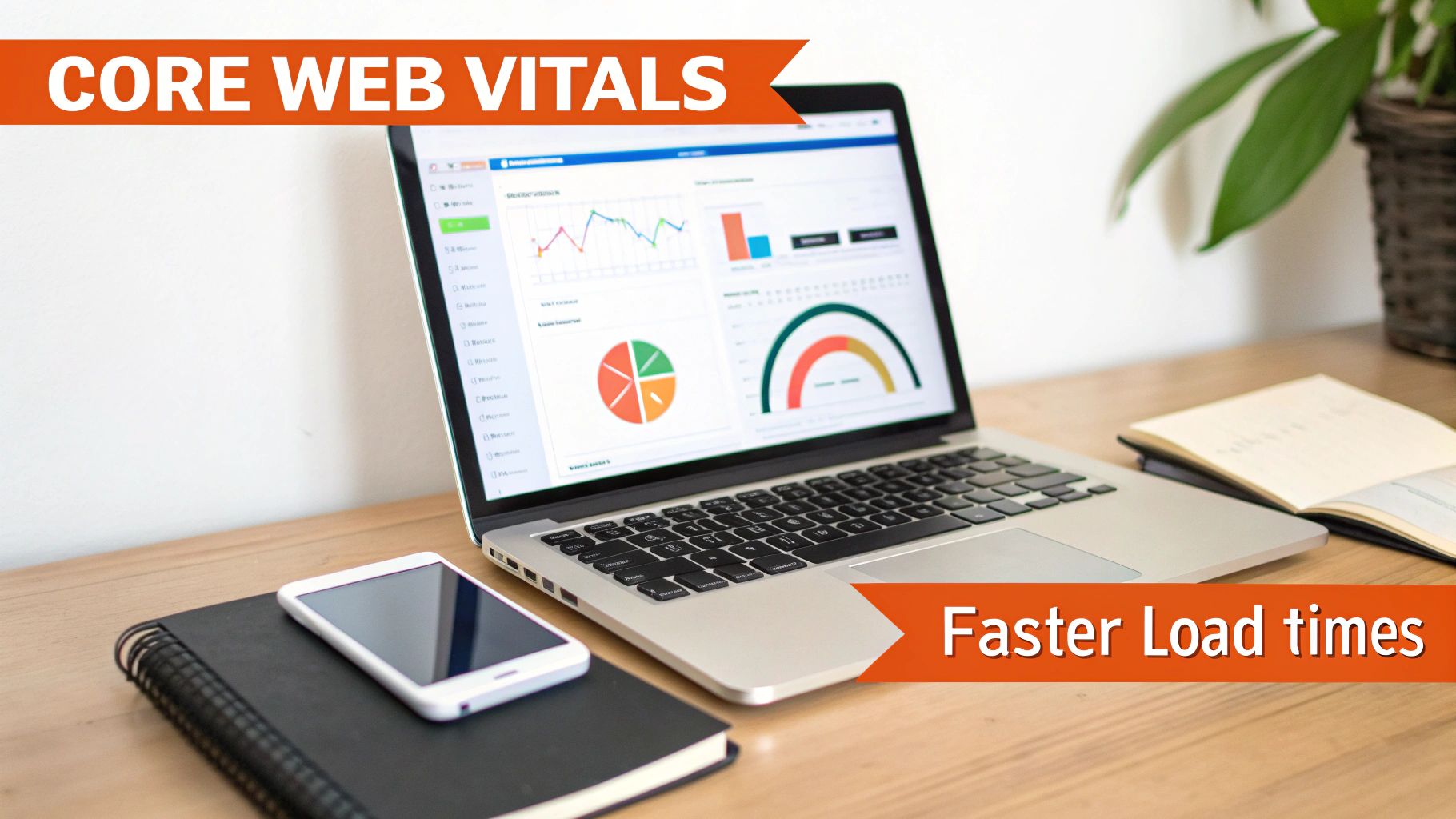 A laptop showing Core Web Vitals performance metrics and 'Faster Load times' on a desk with a phone.