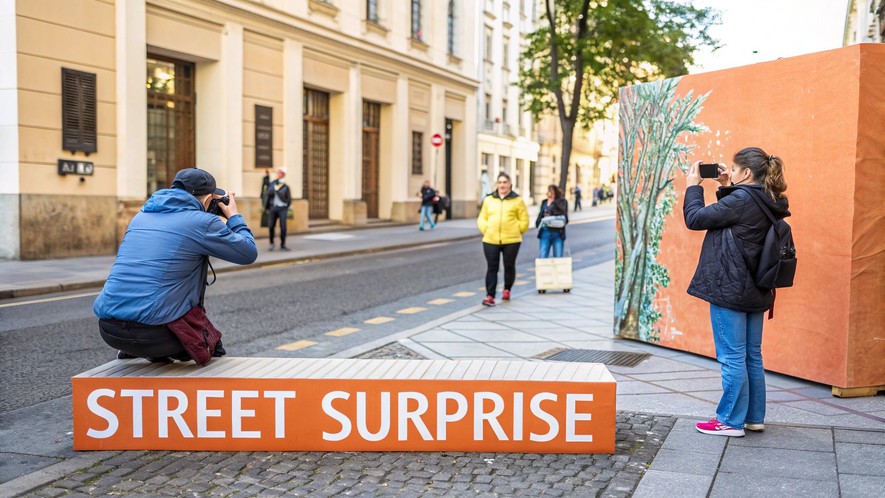 People interacting with an orange 'Street Surprise' interactive display and taking photos in an urban setting.