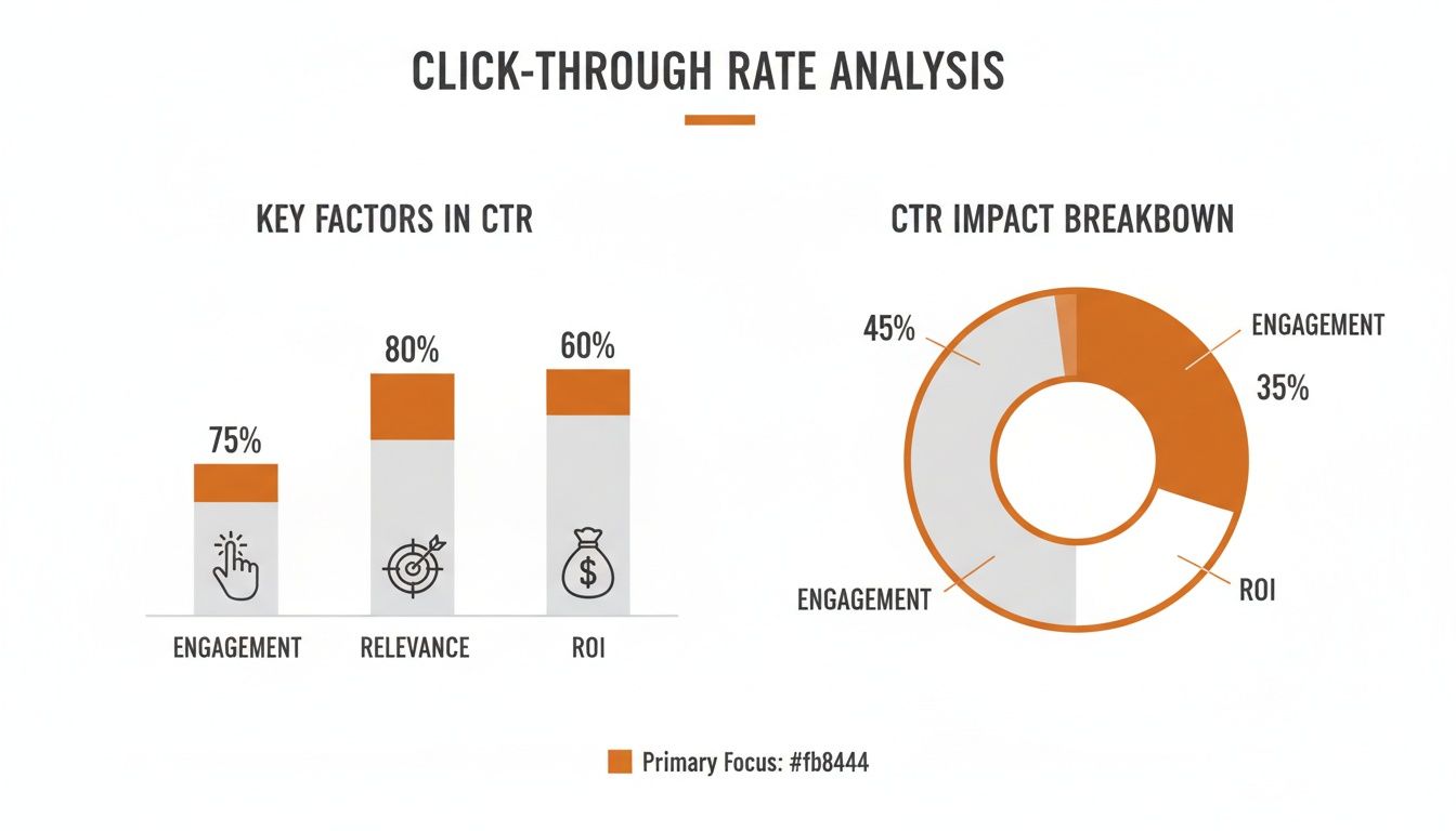 A bar chart and donut chart illustrate a click-through rate analysis, showing key factors and impact breakdown.