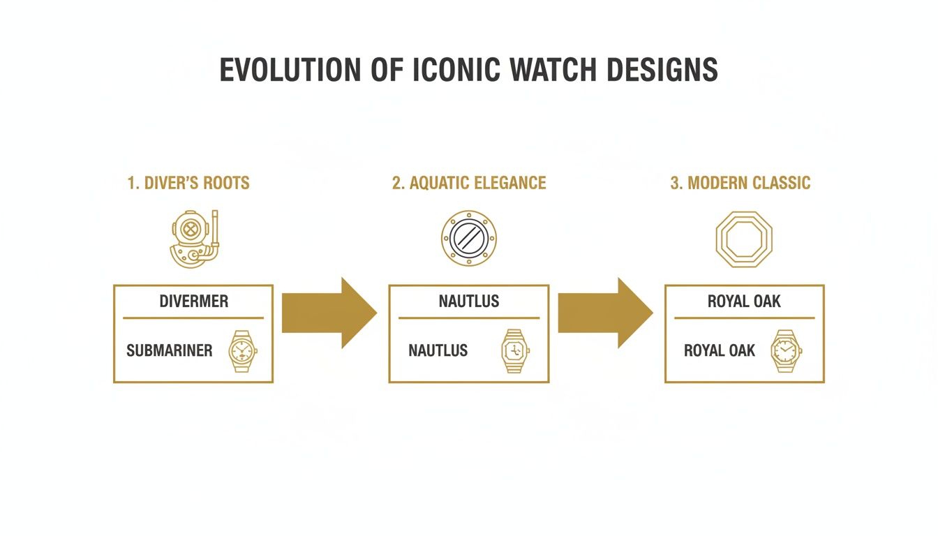 A timeline chart illustrating the evolution of iconic watch designs, from diver's roots to modern classic styles.
