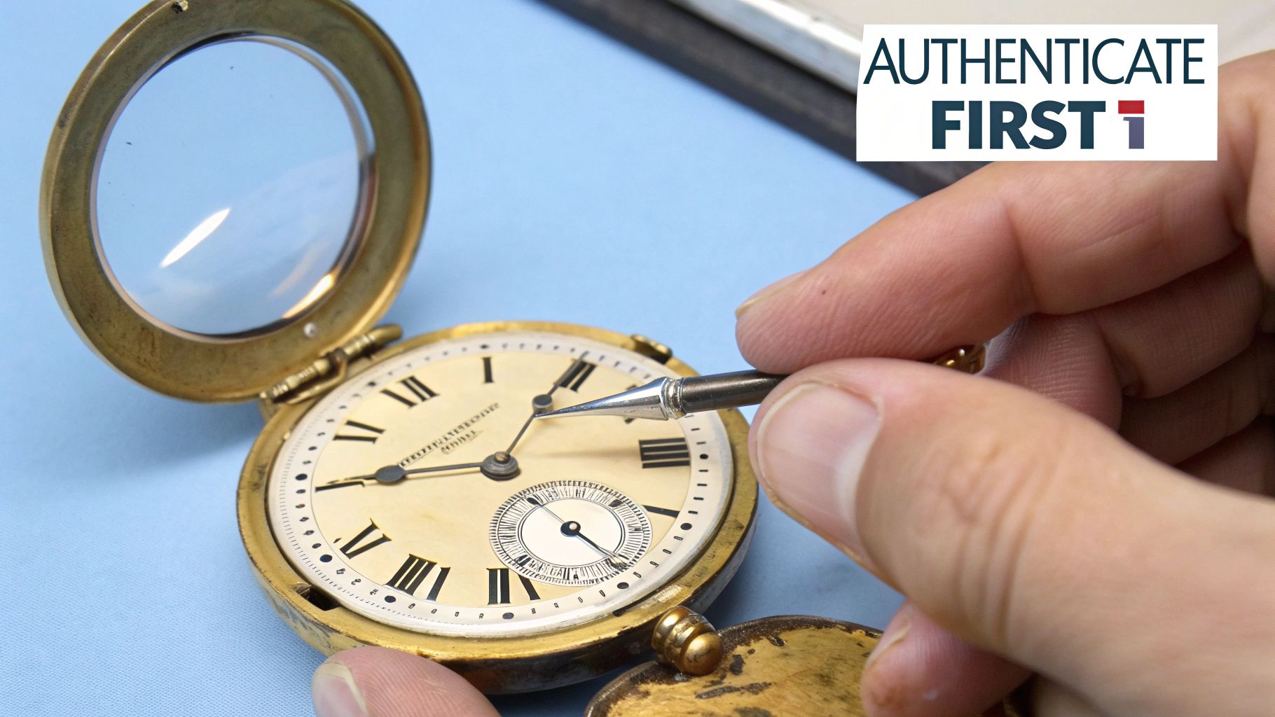 Expert hands using a tool to repair an antique pocket watch with Roman numerals on a blue surface.