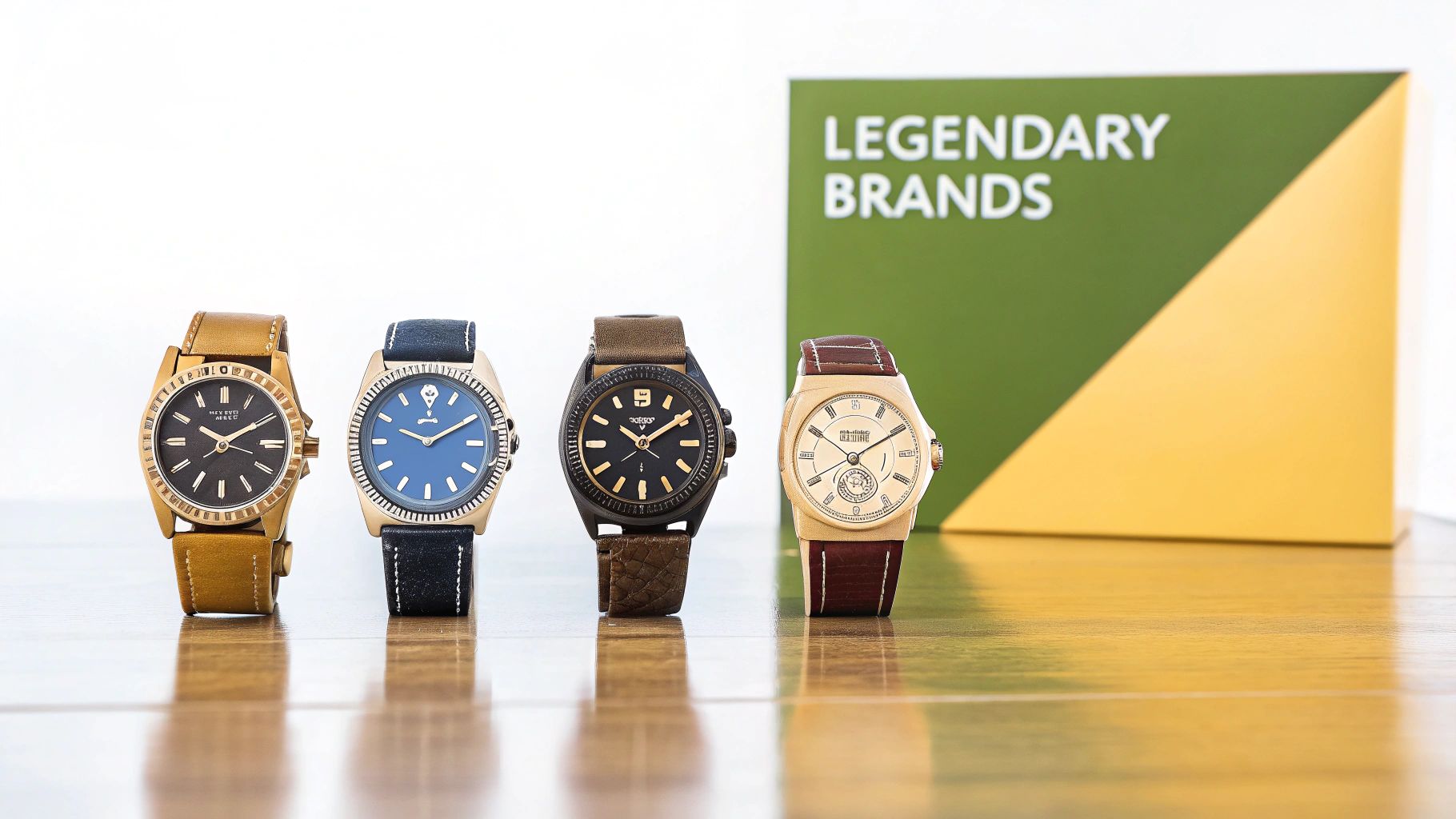Four diverse luxury watches with leather straps and unique designs are displayed on a wooden surface.