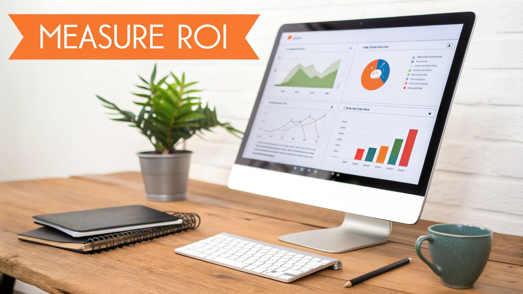 A desktop computer displaying business analytics and ROI charts, with a 'MEASURE ROI' banner.