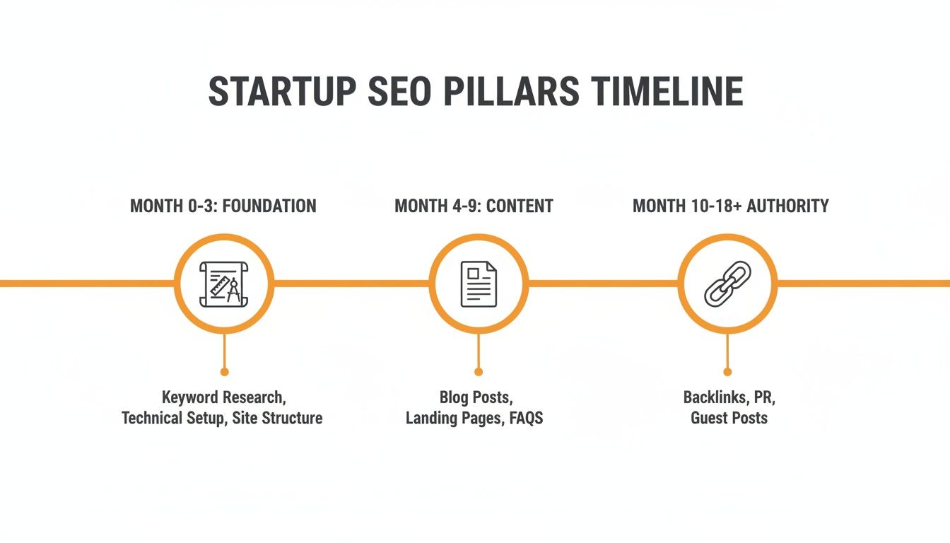 Startup SEO pillars timeline outlining foundation, content, and authority phases with specific tasks for each.