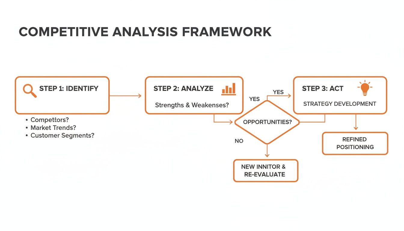 Flowchart illustrating a competitive analysis framework with steps for identification, analysis, and strategic action.
