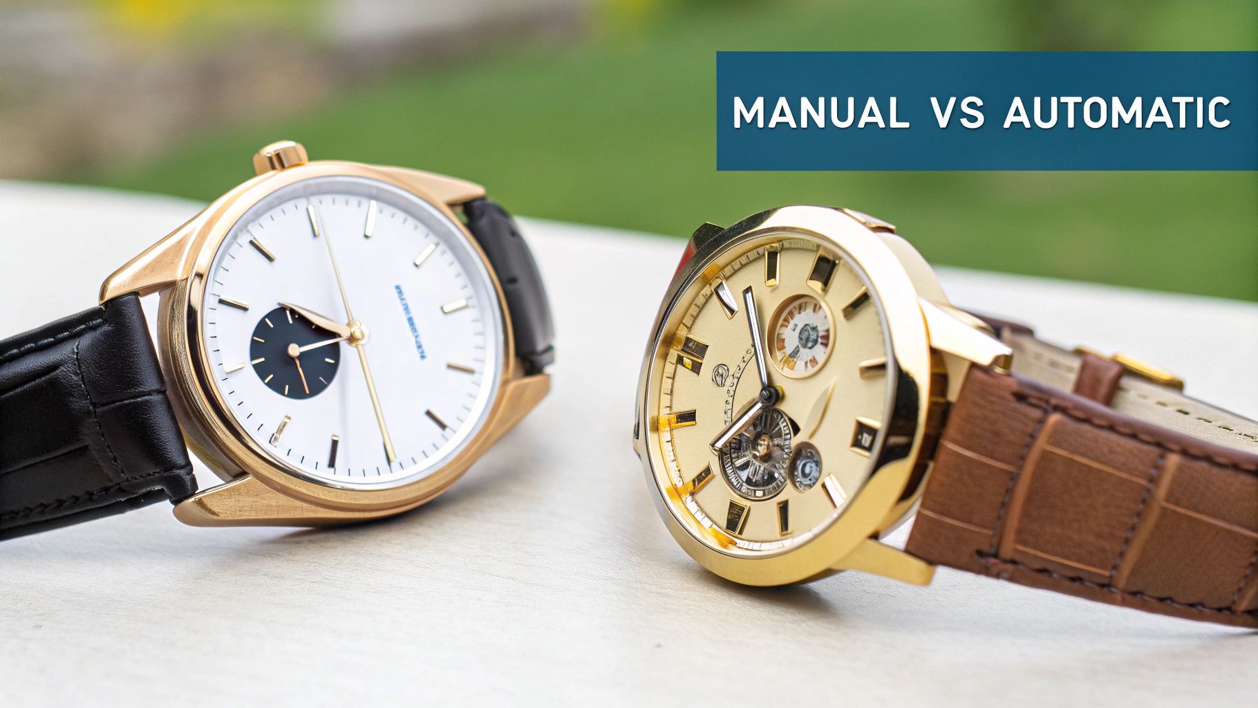 Two luxurious gold watches with leather straps, illustrating the difference between manual and automatic movements.