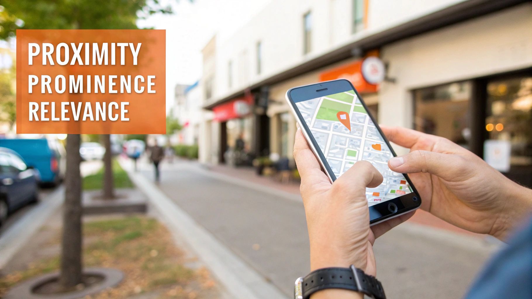 A person uses a smartphone displaying a map with a location pin on a city street, highlighting local SEO factors.