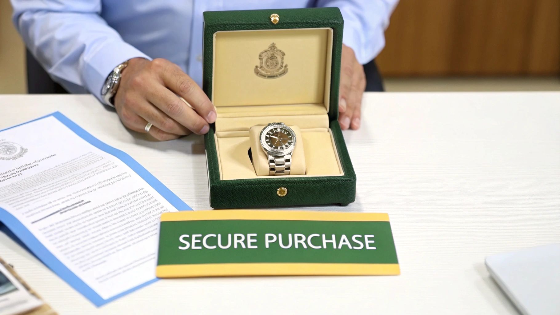 A person's hands open a dark green box revealing a silver luxury watch, with a 'SECURE PURCHASE' sign nearby.