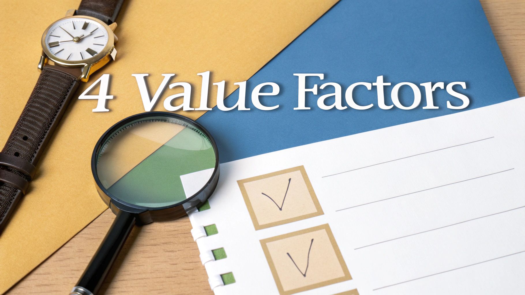 A watch, magnifying glass, and checklist with the text '4 Value Factors' on a desk.