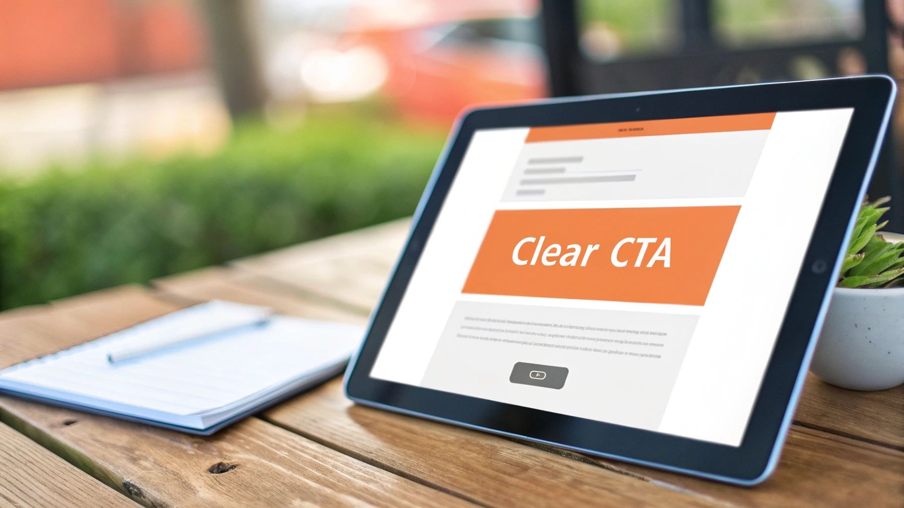 A tablet on a wooden table displaying a website design with a prominent 'Clear CTA' banner.