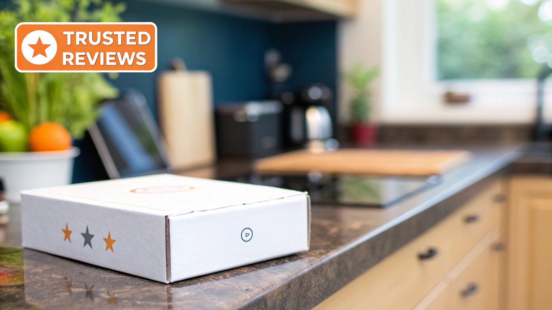 A white delivery box with star ratings on a kitchen counter, highlighting trusted reviews.