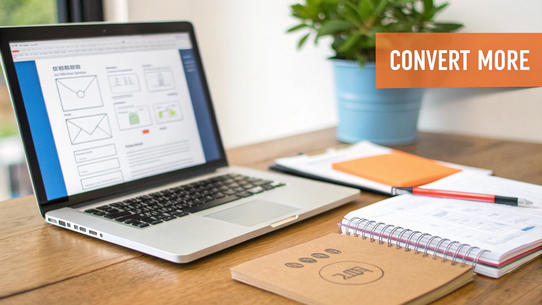 A desk setup with a laptop showing email marketing wireframes, notebooks, and a plant, with "CONVERT MORE" text.