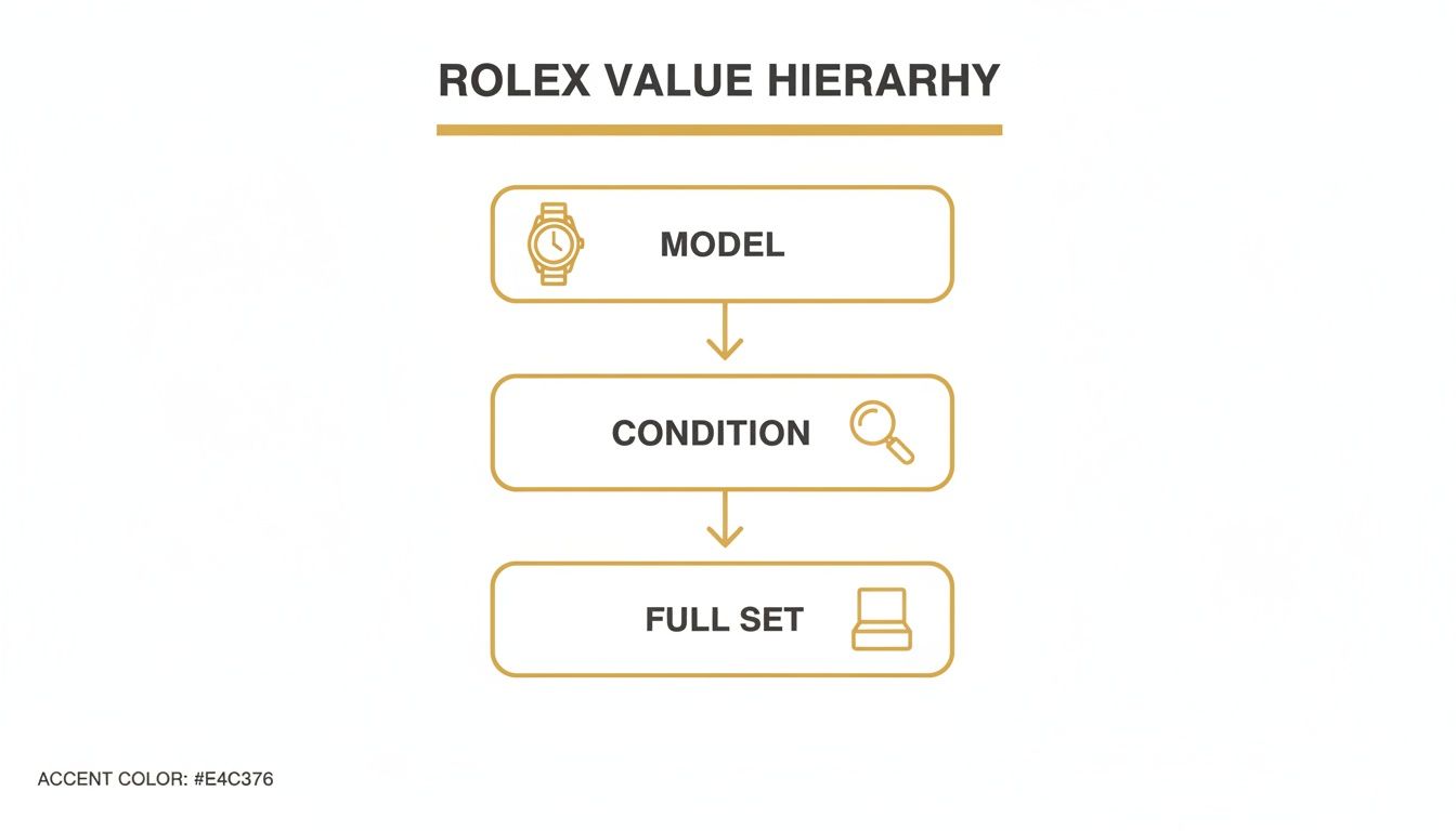 A clear flowchart illustrating the Rolex Value Hierarchy, detailing Model, Condition, and Full Set.