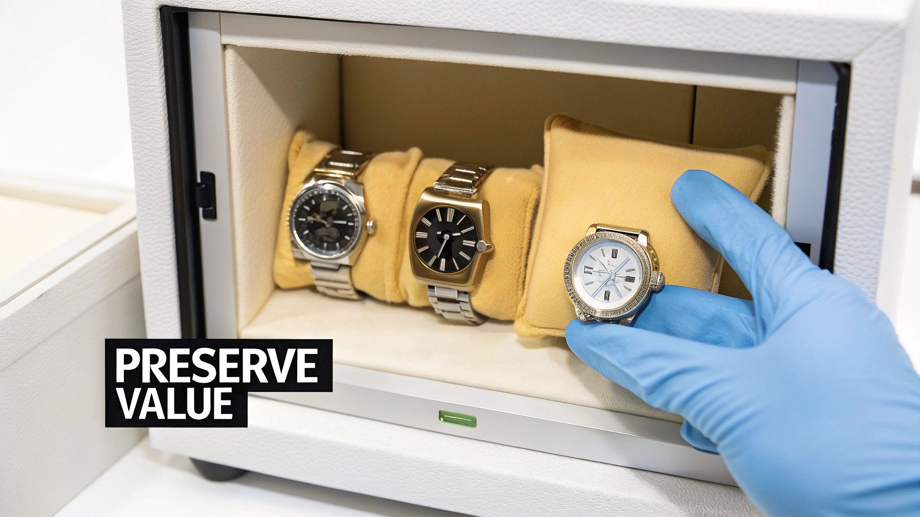 A gloved hand places a luxury watch into a white watch winder alongside two other timepieces.