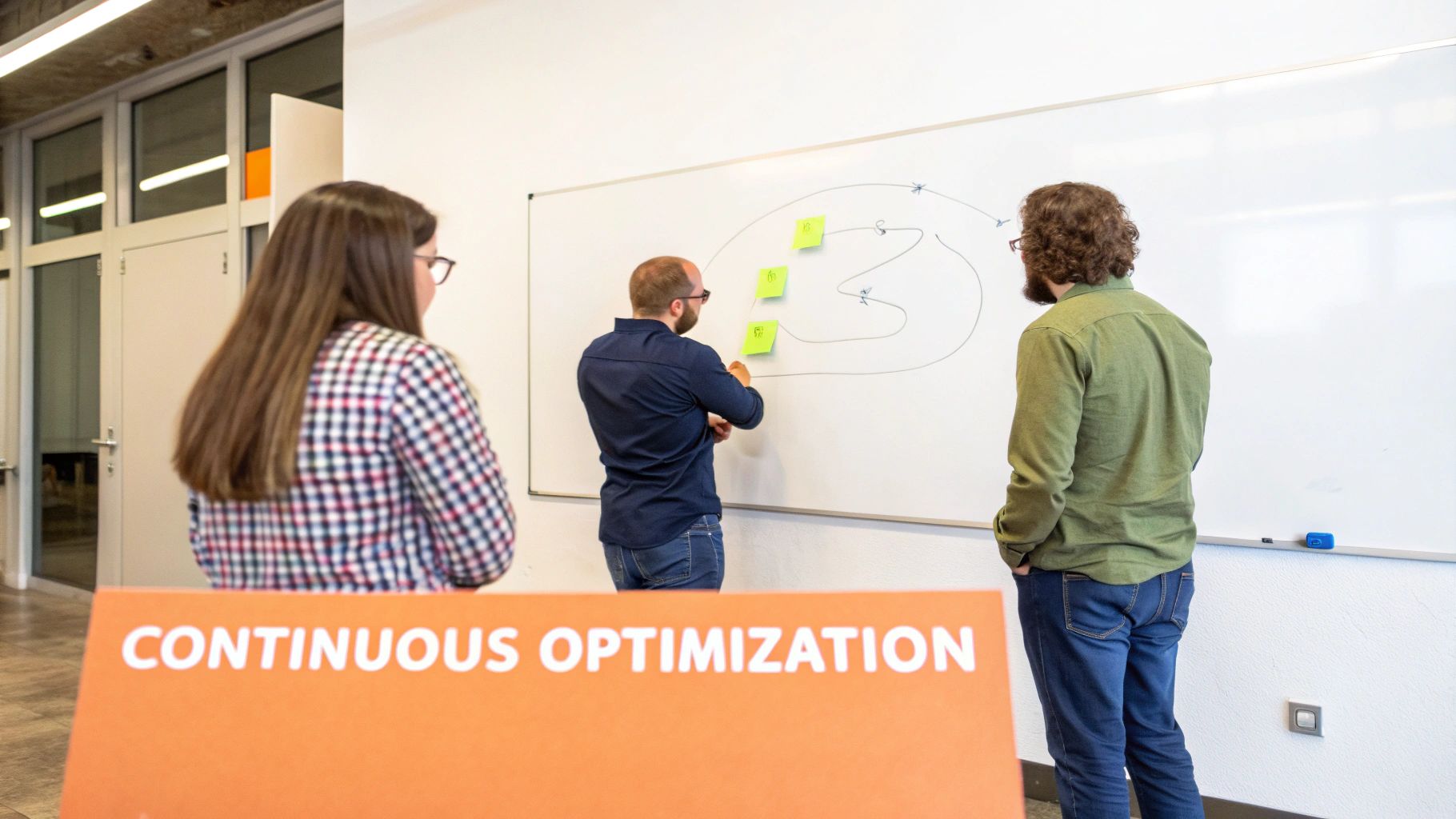 Three people discussing a diagram on a whiteboard in a meeting, with a 'Continuous Optimization' sign.