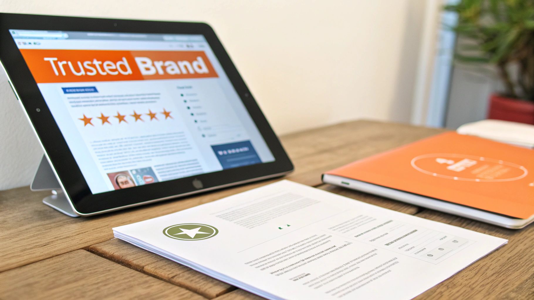 A tablet displaying a 'Trusted Brand' website with five stars, alongside documents and an orange folder on a wooden desk.