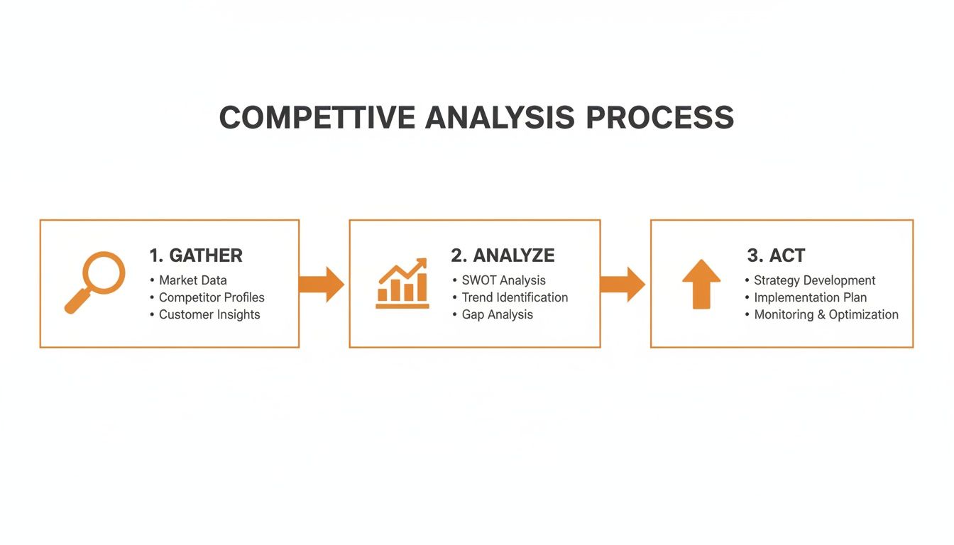 A three-step competitive analysis process diagram showing gather, analyze, and act stages with key activities.