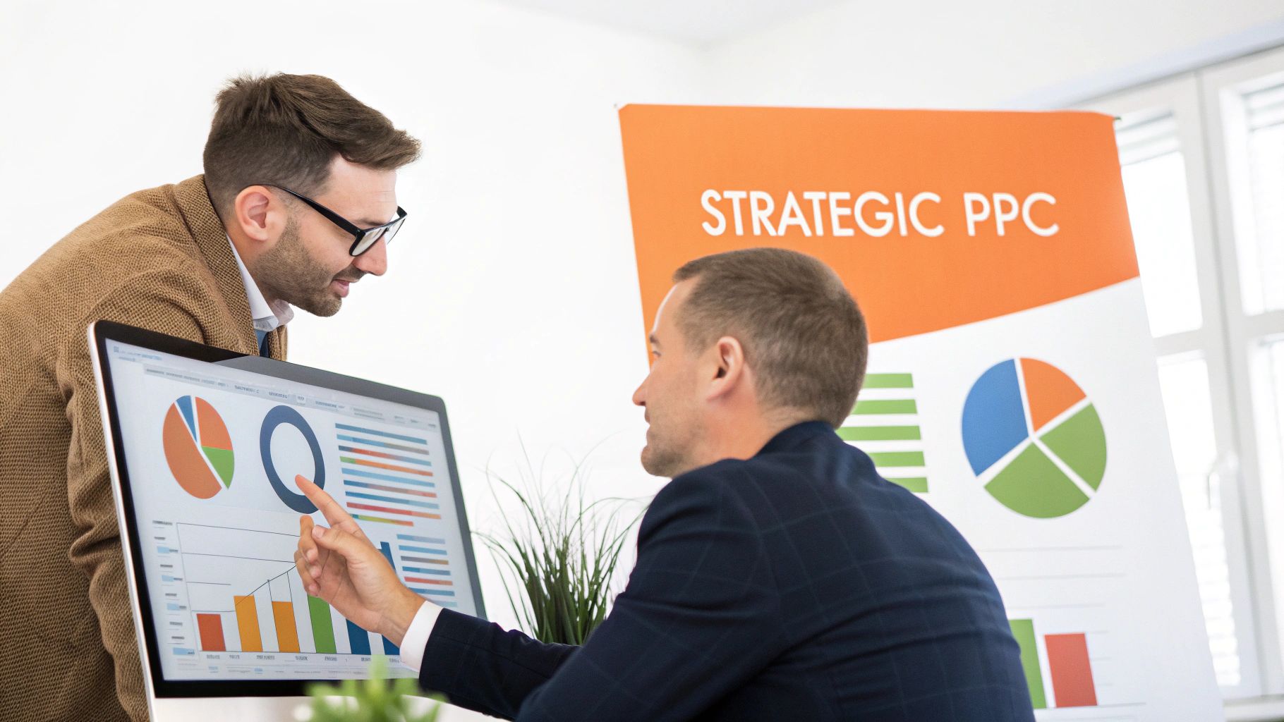 Two men analyze strategic PPC campaign data on a computer screen during a meeting.