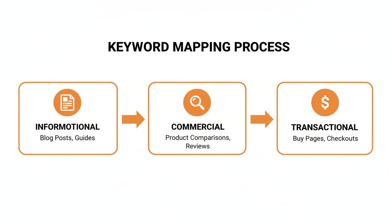 Flowchart illustrating the keyword mapping process from informational to commercial to transactional stages for SEO.