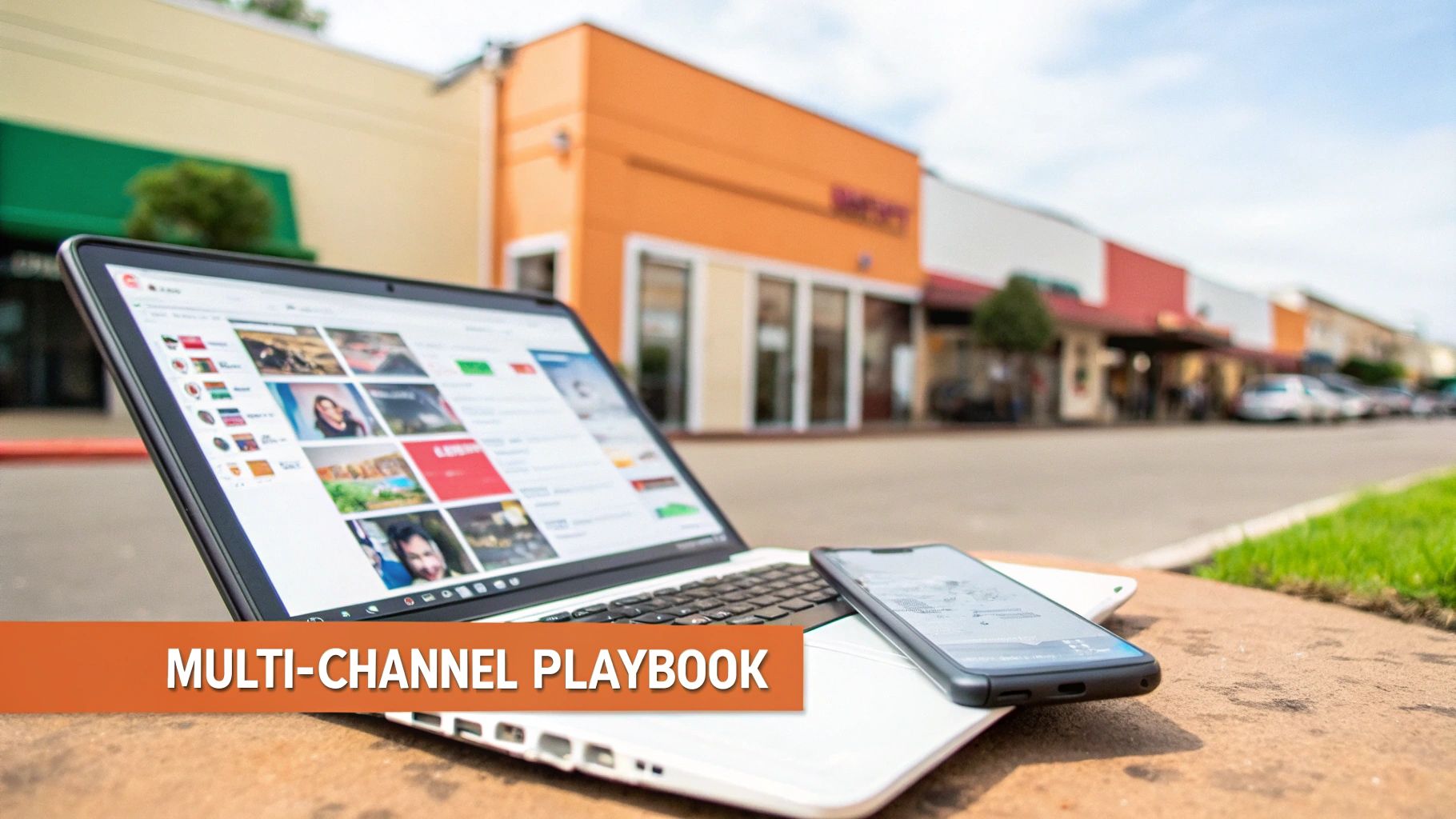 A laptop and smartphone sit outdoors on a ledge, displaying multi-channel content, with shops in the background.