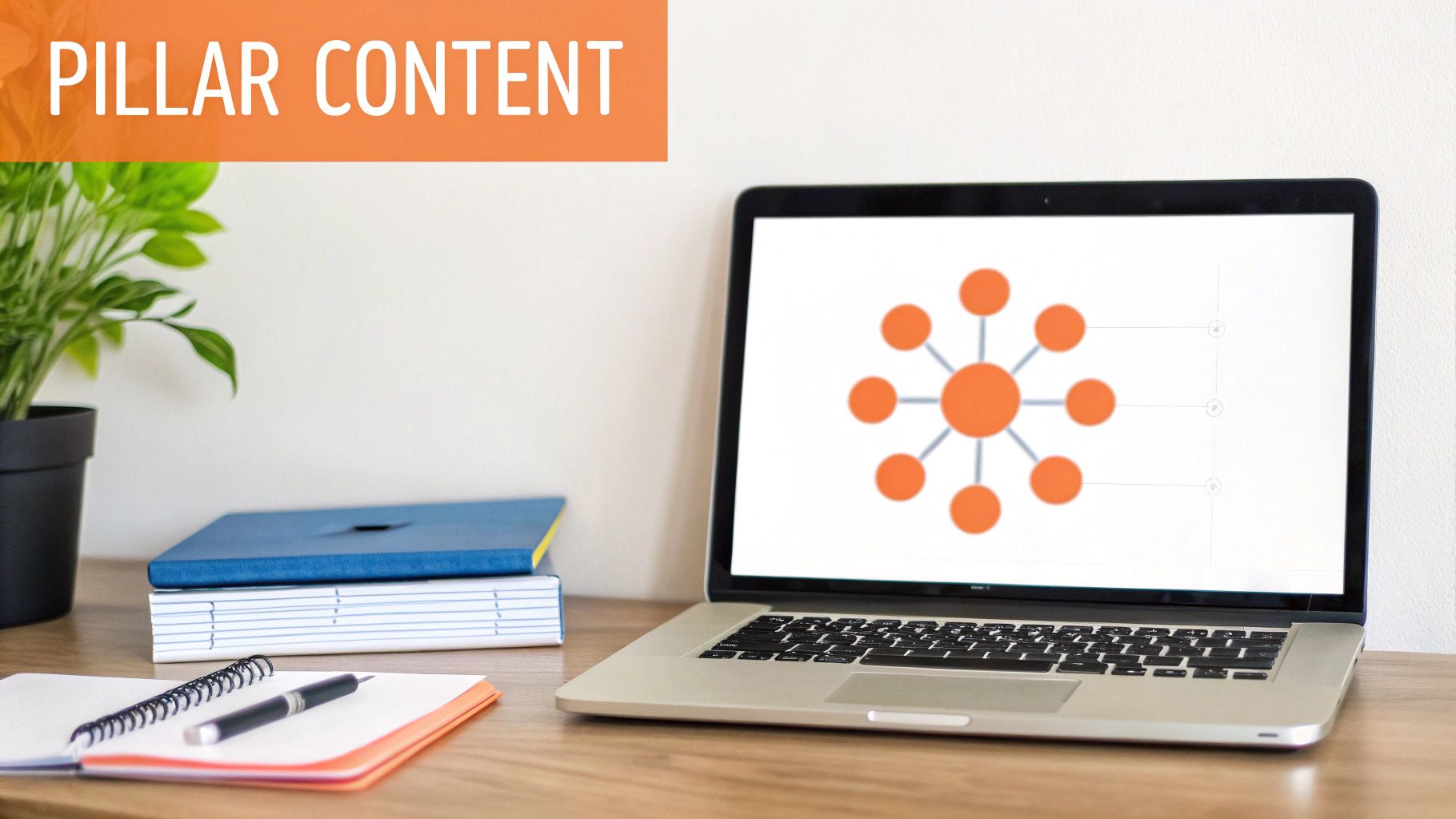 A laptop on a wooden desk displaying a hub-and-spoke diagram for pillar content, with books, a plant, and a notebook.