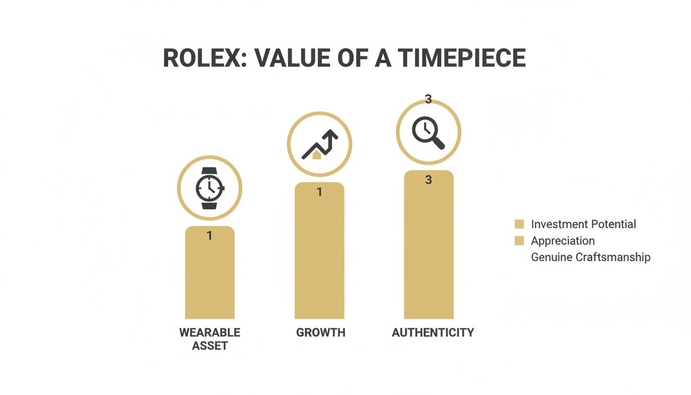 Bar chart illustrating the value drivers of a Rolex timepiece: wearable asset, growth, and authenticity.