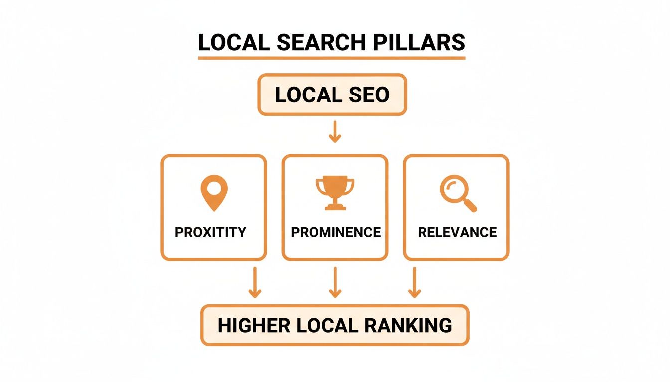A flowchart showing Local SEO pillars: Proximity, Prominence, and Relevance, leading to higher local ranking.