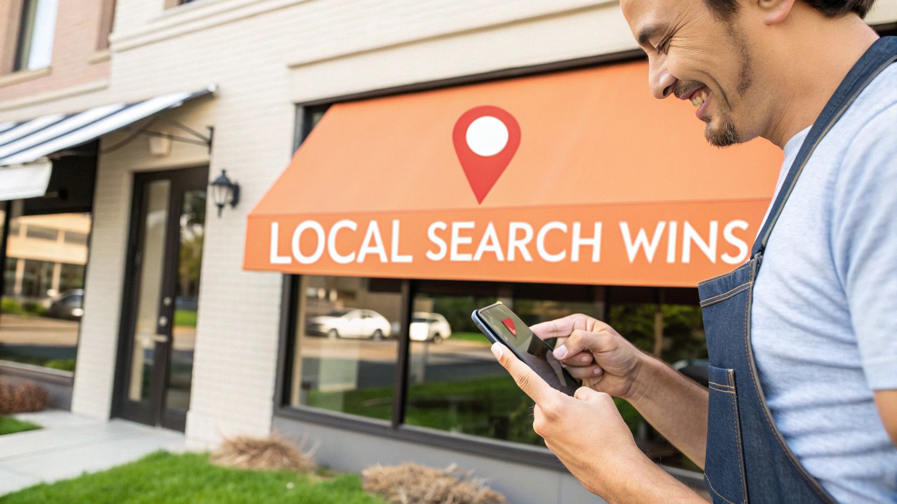A smiling man in an apron uses his smartphone in front of a storefront with an 'LOCAL SEARCH WINS' awning.