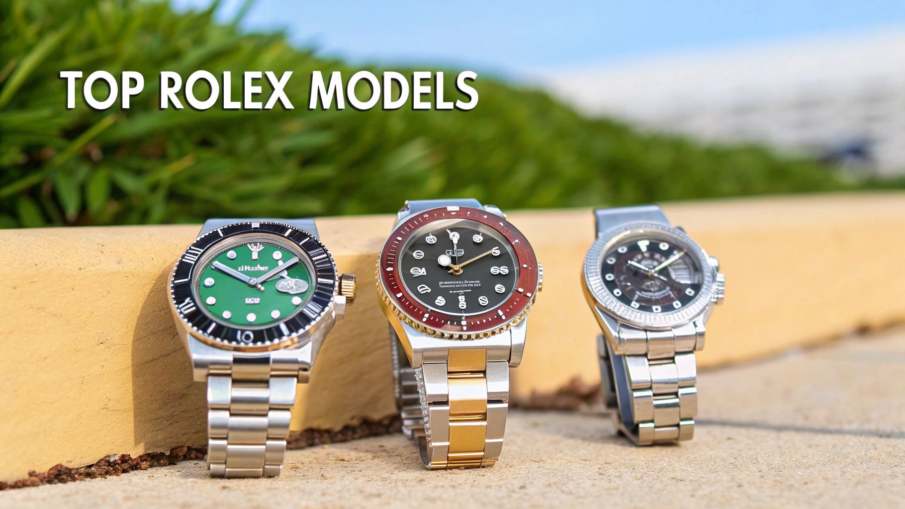 Three stylish luxury watches, featuring green, black, and dark dials, displayed outdoors on a stone surface.