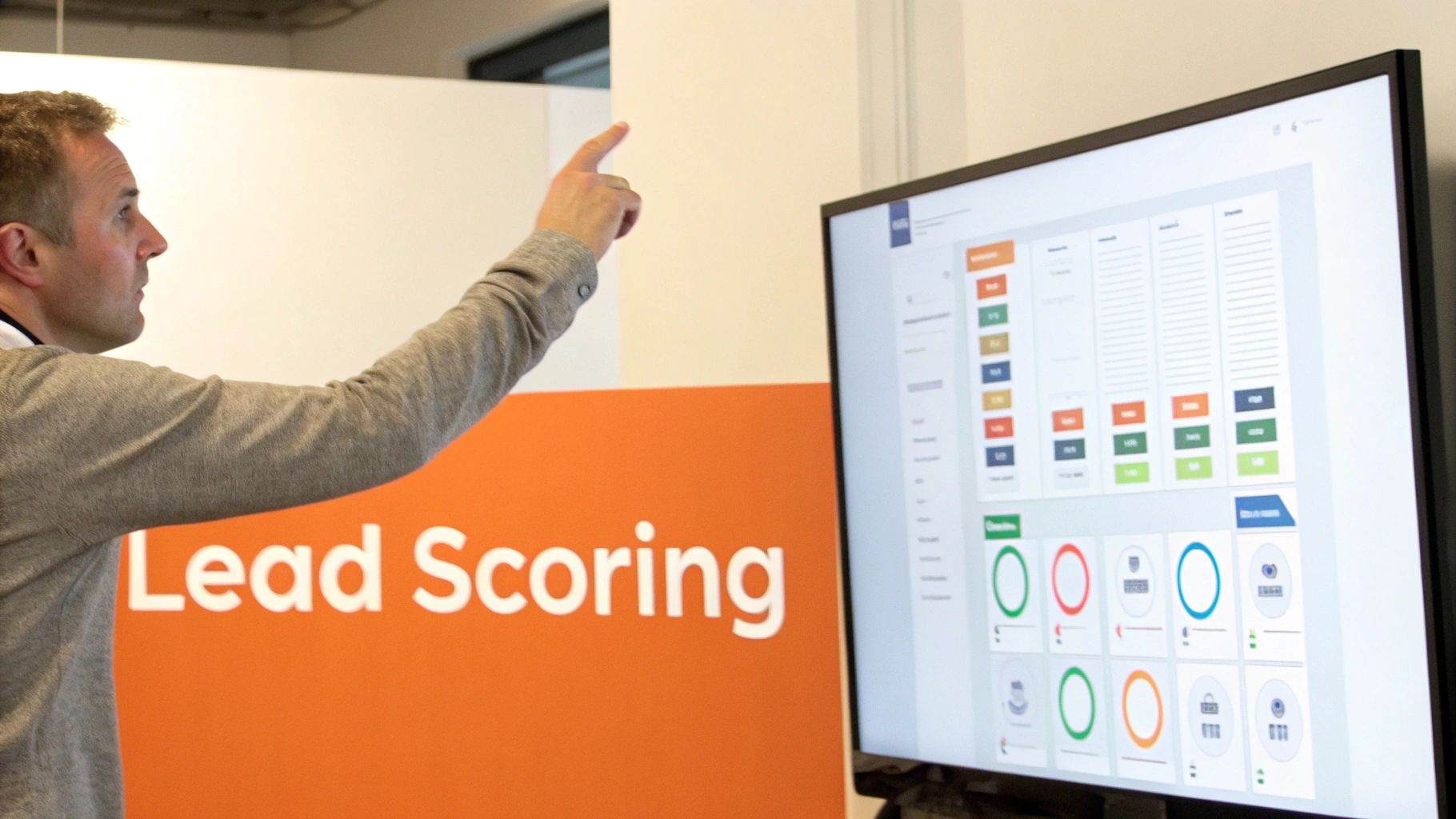 A man points to a screen displaying a 'Lead Scoring' data dashboard with charts and colored metrics.