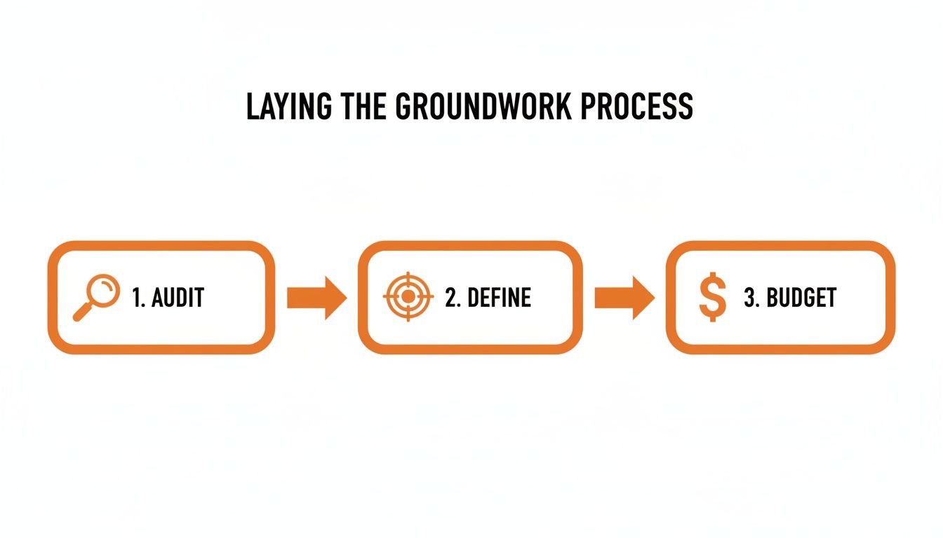 An infographic detailing the three steps of the groundwork process: 1. Audit, 2. Define, 3. Budget.