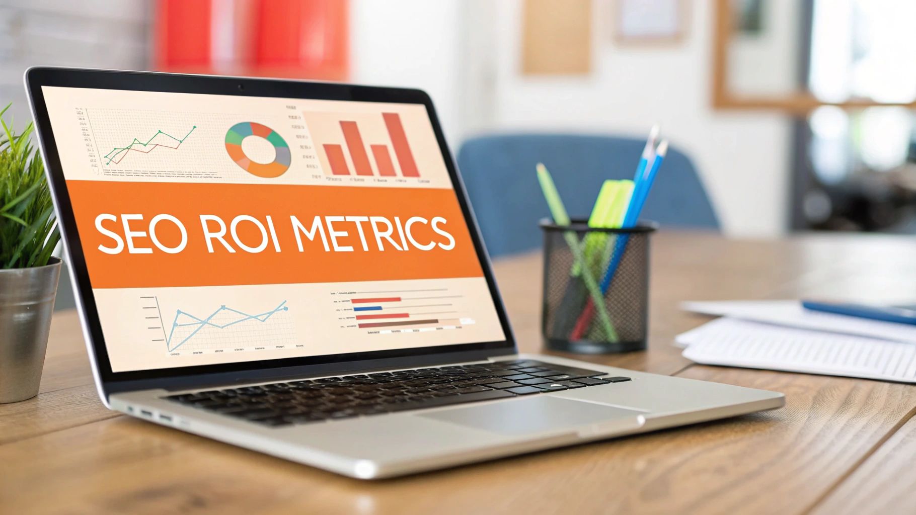 A laptop screen displaying a presentation titled 'SEO ROI METRICS' with various business charts and graphs on a wooden desk.