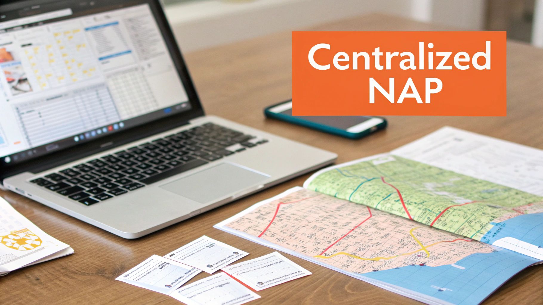 A desk with a laptop displaying data, a smartphone, maps, and business cards, with text 'Centralized NAP'.