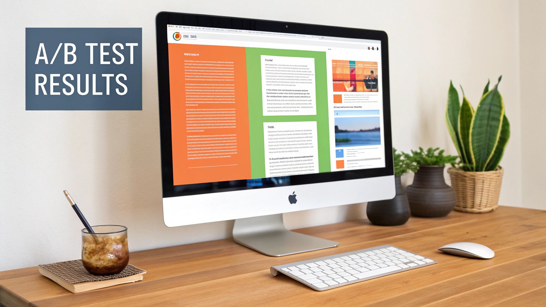 A desktop computer screen displays A/B test results comparing orange and green website layouts on a wooden desk.