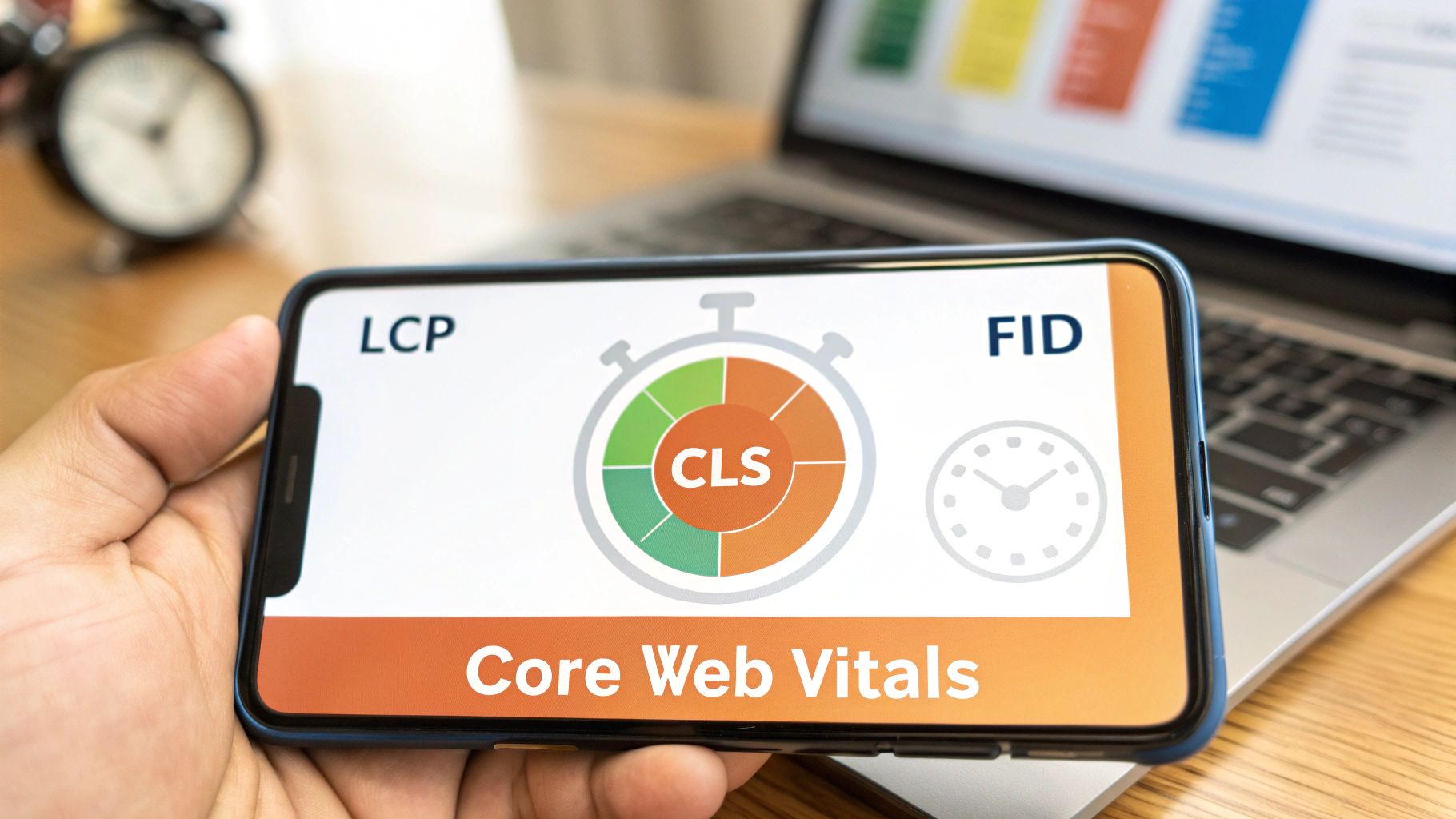 Hand holding a smartphone displaying Core Web Vitals metrics: LCP, CLS, and FID, for web performance.