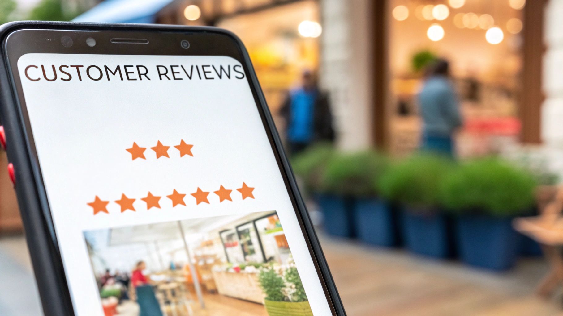 Smartphone displaying customer reviews with 3 and 5-star ratings, reflecting online feedback for a business.